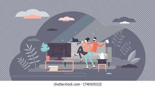 Watching movies vector illustration. Home cinema tv and chill flat tiny person concept. Cozy relaxation entertainment with plasma television and couple leisure scene. View broadcast shows with comfort