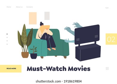 Watching must see movies on online streaming websites at home concept of landing page with woman watching horror film at home alone. Cartoon flat vector illustration