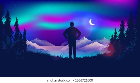 Watching the northern lights. Man standing watching the beautiful view, looking at the night sky and the moon. Lights are dancing over the sky. Scandinavian nature landscape concept.