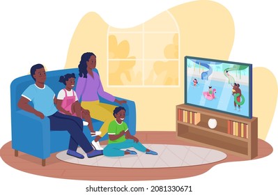 Viendo viejos videos familiares y fotos 2D vector ilustraciones aisladas. Familiares felices sentados sobre personajes de sofá plano con fondo de caricatura. Creación de una escena colorida de unión familiar cercana