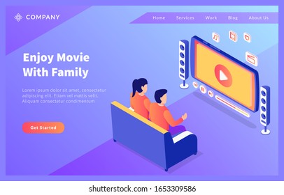 Watching Online Movie Home Entertainment With Couple Man And Woman With Isometric Flat Style