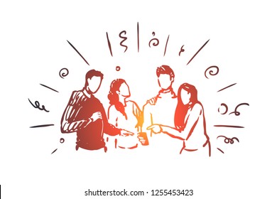 Watching online together vector concept. Group of friends looking at phone screen together. Hand drawn sketch isolated illustration