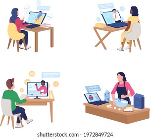 Watching online tutorials, flat color vector faceless character set. Muslim woman watching video on geometry. E learning isolated cartoon illustration for web graphic design and animation collection