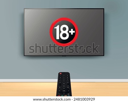 Watching online TV with 18 plus sign on screen. Remote control is pointed at the TV on the wall.