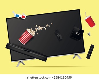 Watching online TV at home concept. Smart tv, remote, soundbar, tv box, popcorn, cola cup and flash drive levitation in the air.