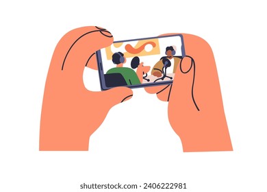 Watching online video on mobile phone screen. Watch interview, talk show, podcast channel in internet, holding smartphone, cellphone in hands. Flat vector illustration isolated on white background