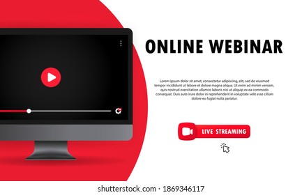 Viendo un webinar en línea sobre la ilustración de la computadora. Lección en línea, conferencia, seminario, entrenamiento, curso. Vector de fondo aislado. EPS 10