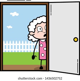 Watching From Outside the Door - Old Woman Cartoon Granny Vector Illustration