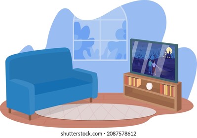 Watching scary movie on Halloween 2D vector isolated illustration. Television set and blue couch flat objects on cartoon background. Nighttime condition. Movie night party colourful scene