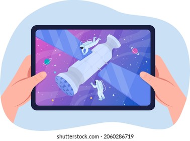 Watching science fiction film 2D vector isolated illustration. Recording of satellite in outer space. Space exploration. Holding tablet flat first view hands on cartoon background. colourful scene