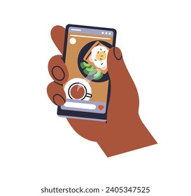 Watching social media, network stories in food blog. Hand holding mobile phone, looking at smartphone screen with photo in internet. Flat graphic vector illustration isolated on white background