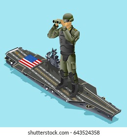 Watching soldier over aircraft carrier of American army US navy. 3D armed Isometric people design vector illustration