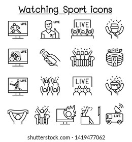 Watching Sport On Tv, Sport Broadcasting Icon Set In Thin Line Style