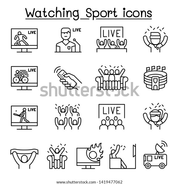 Watching sport on tv, sport broadcasting icon set\
in thin line style