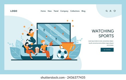 Watching Sports concept. Enthusiastic fans experience the thrill of the game from their living room, a portrayal of sports fandom and shared excitement. Vector illustration