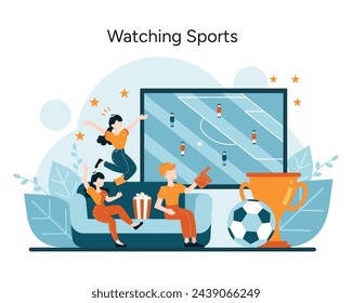 Watching Sports concept. Enthusiastic fans experience the thrill of the game from their living room, a portrayal of sports fandom and shared excitement. Vector illustration