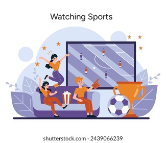 Watching Sports concept. A group of friends express their excitement while watching a soccer match on a big screen, exemplifying the communal spirit of sports fandom. Vector illustration