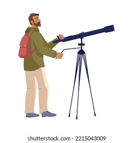 Watching starry night through telescope, discovering stars and celestial bodies, planets and comets. Man with backpack and device. Vector in flat cartoon style