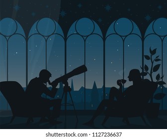 Watching stars at home. Vector illustration of interior of room with two armchairs, man looking through telescope, woman with cup of tea, panoramic view from arched windows to night starry sky of town