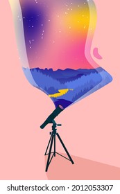 Mirando las estrellas a través del telescopio. Noche estrellada, paisaje de neón de montaña. Tubo de telescopio astronómico y cosmos. Ilustración vectorial editable