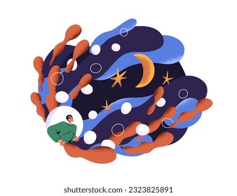 Watching, studying space, cosmos. Curious person looking at magical night sky with crescent and stars. Discovering, exploring new concept. Flat vector illustration isolated on white background