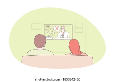 Watching television, programs, news, weather forecast concept. People man and woman sitting on sofa and watching television program about weather and news worldwide at home. Relax, rest, tv show