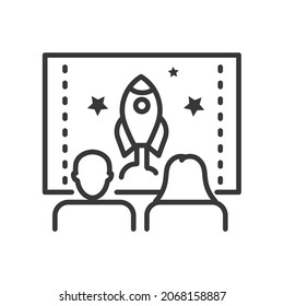 Watching trailers - vector line design single isolated icon on white background. High quality black pictogram. Entertainment, new movie, cinema concept