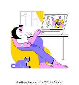 Watching travel blogs isolated cartoon vector illustrations. Young girl with laptop watching blogs about travelling, getting ready for vacations, planning trip holidays vector cartoon.
