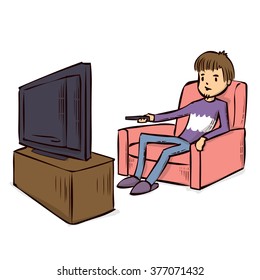 Watching TV. TV audience. TV program. TV Broadcast.  Hand drawn cartoon vector illustration.