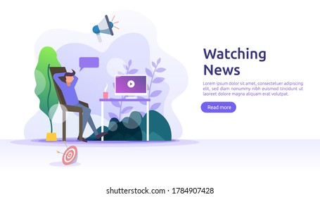 Watching TV Daily News Vector Illustration Concept With People Character. Template For Web Landing Page, Banner, Presentation, Social, Poster, Ad, Promotion Or Print Media.