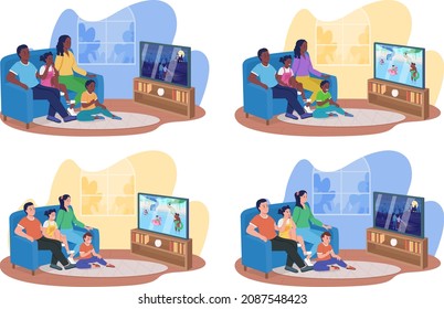 Watching tv with family 2D vector isolated illustration set. Parents with children sitting on couch flat characters on cartoon background. Spend quality time together colourful scenes collection