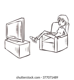 Watching TV. Hand drawn cartoon vector illustration.