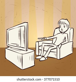 Watching TV. Hand drawn cartoon vector illustration.