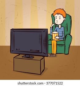 Watching TV. Hand drawn cartoon vector illustration.