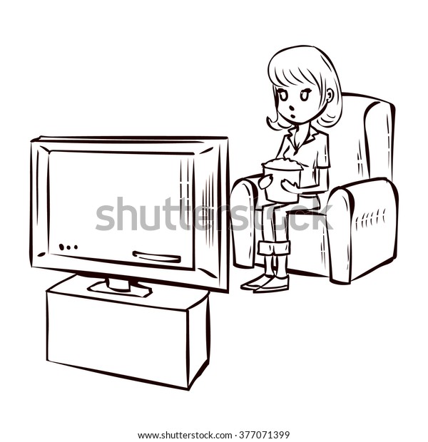 Watching Tv Hand Drawn Cartoon Vector Stock Vector (Royalty Free) 377071399