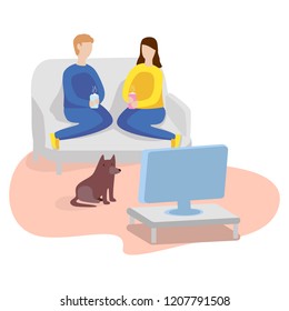 Watching TV At Home. Man, Woman And Dog. Flat Vector Illustration