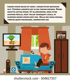 Watching TV At Home. Not Enough Sleep In The Morning, Angry, Irritable. Day Passes For Nothing, Degradation, Autodestruction. The Bad Outside Setting, The Mess In The Room. Toys, Video-game Consoles