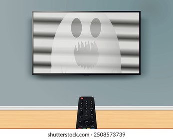 Ver televisión con película de terror. El control remoto apunta al televisor en la pared con el fantasma en la pantalla.