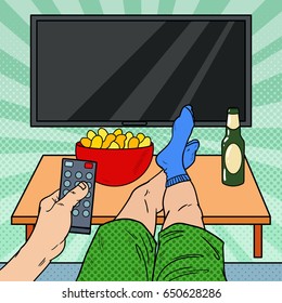 Watching TV. Man Holding Remote Control in Living Room. Pop Art vector illustration