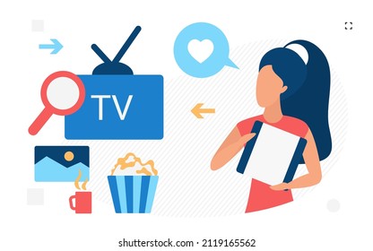Watching tv movie entertainment relaxing moment. Cinema film industry attributes popcorn and coffee