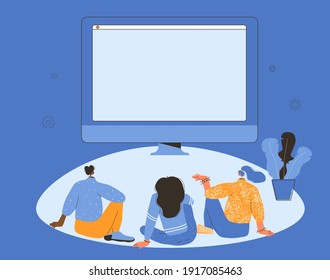 Watching Tv News. Staycation. Three Young Women Sitting On Floor In Front Of The Computer Screen. Adult Characters Spending Time Together. Friends Wearing In Casual Clothes. Vector Flat Illustration. 