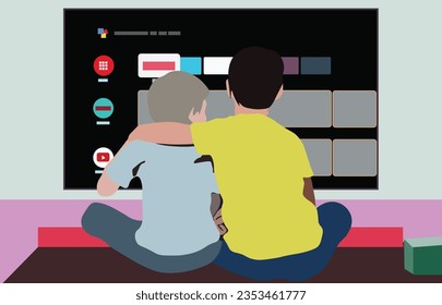 Watching tv together with sibling. Big screen television on the wall with TV program selection