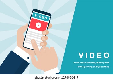 
Watching Video Concept with Businessman Hand Holding a Smartphone with Video Stream on a Shining Background. Suitable for Web banner, Infographics, Hero images. Flat Vector illustration 