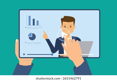 Watching a video, course, webinar, tutorials online. Hand holding a tablet with a video player