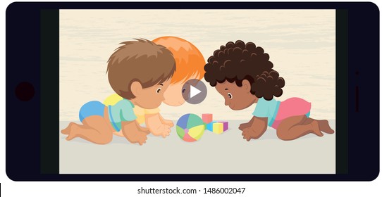 Watching Video With Enfants On Smartphone. Vector. Set. Mobile Phone. Play Symbol Button. Video Media Player Application. Isolated Illustration. Boys and girls are plaing with toys and crawling