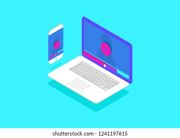 Watching video files. Concept of digital technology. Isometric  vector illustration.