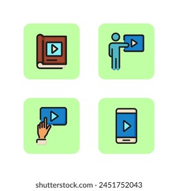 Watching video line icon set. Person pressing button, finger, video player, smartphone, video filming aid, click. Clip concept. Vector illustration for web design and apps