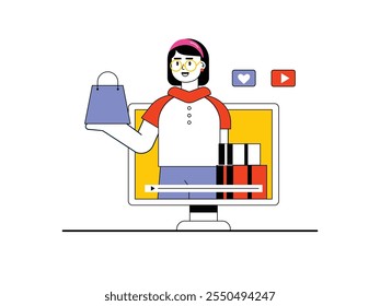 Video Mirando en la computadora, la mujer hermosa está revisando el bolso. Diseño de personajes. Ilustración plana de Vector