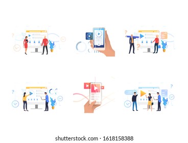 Watching video on internet set. People using media player app on computer or smartphone. Flat vector illustrations. Streaming, broadcasting, TV concept for banner, website design or landing web page