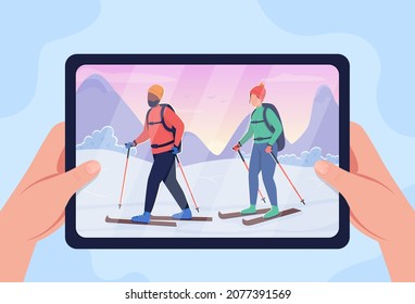 Watching video on skiing flat color vector illustration. Couple doing winter activity together. Seasonal training. Holding tablet 2D cartoon first view hand with broadcast on background